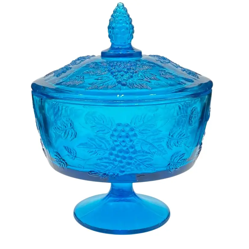 Vintage LE Smith Lidded Candy Dish, Colonial Blue (Teal), Grapes & Leaves, 6"