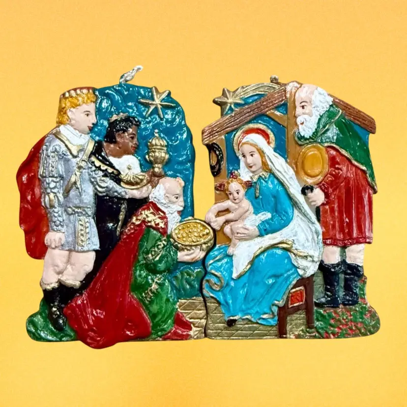 Vintage Wax Ornaments Cast From Antique German Mold, Holy Family & Three Magi c1601