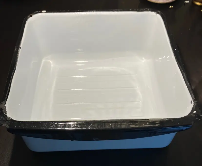 Vtg Enamelware Metal Black Trim "Meat" Storage Container Refrigerator Drawer