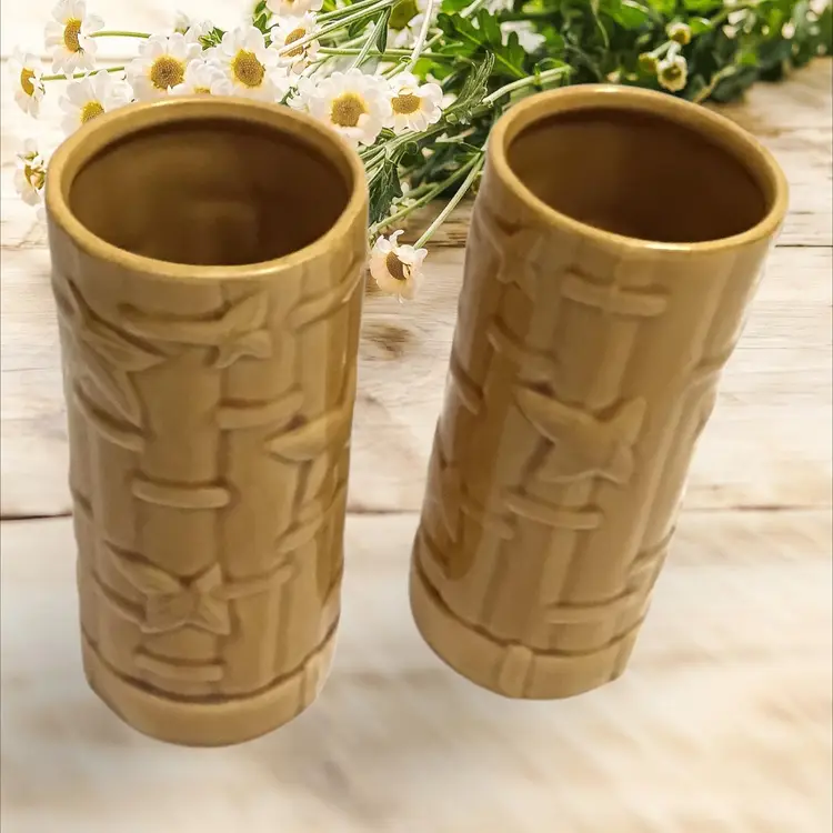Chiki Tiki  Bamboo Pattern Set of 2 Tumblers Mugs Hawaiian Unique Barware 6.25in