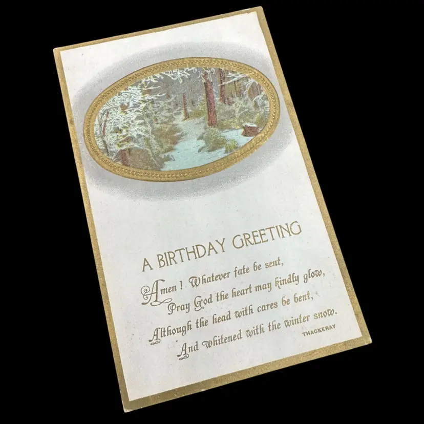 “A Birthday Greeting” Gilded Forest Vignette Antique Postcard, Marked, Unposted