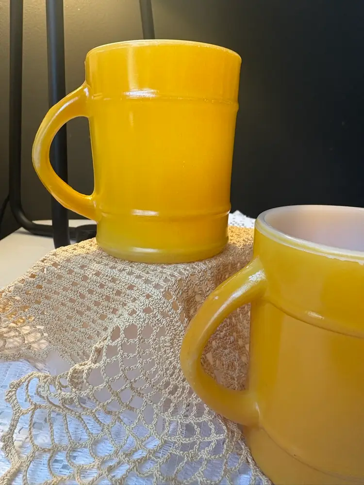 Yellow Fire King Barrel Mugs X2