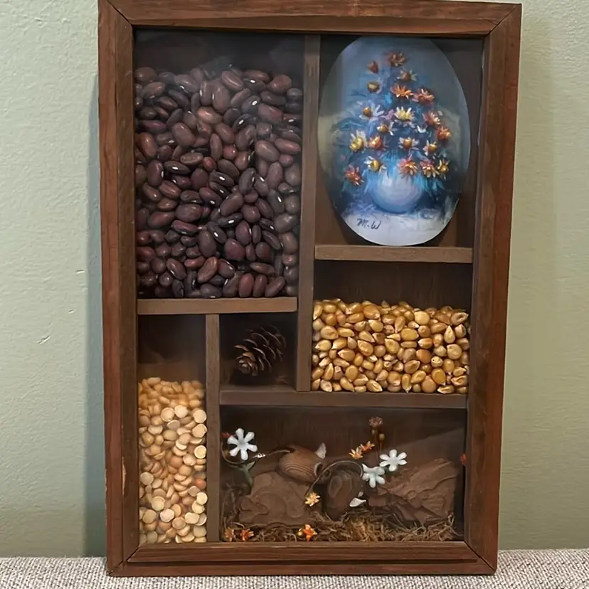 Kitschy 1970s Shadow Box Seeds Mice Flowers