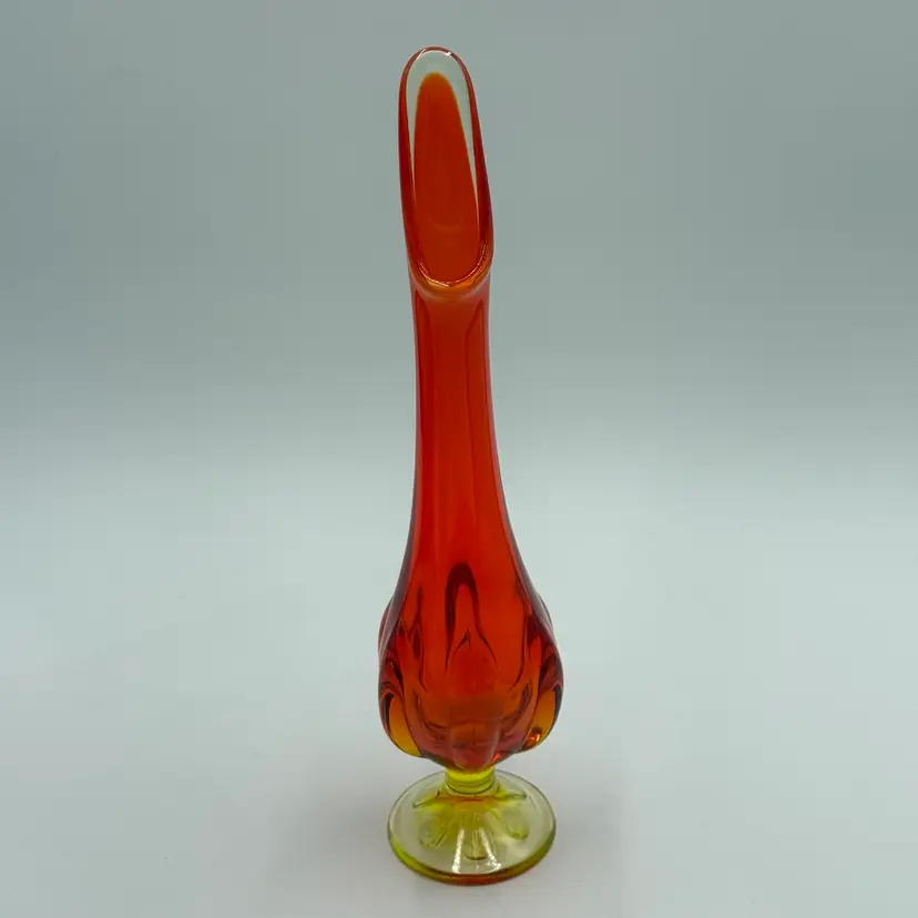 Vintage MCM Viking Glass Epic 6 Petal Swung Vase Amberina Orange