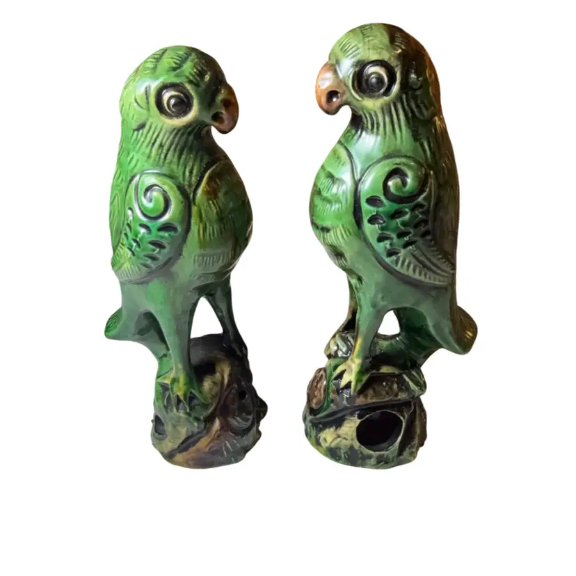 Vintage/Antique Pair Of Chinese Export Sancai Green Glaze Parrots - Rare Makers Mark Stamp - 9.5”