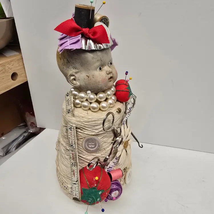 Upcycled Sewing Or Craft Room Art Doll Decor Assemblage Piece Pin Cushion Creepy Doll