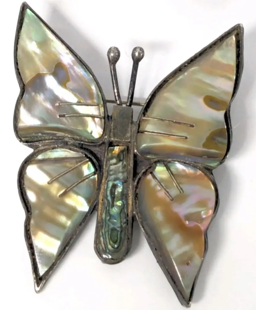 Vintage Signed SJB 925 Sterling Silver Abalone Shelled Butterfly Brooch Pin - 1.15" Long