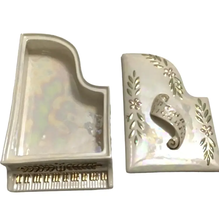 Vintage Grand Piano Trinket Box Large Painted Pearl and Gold With Lid Signed