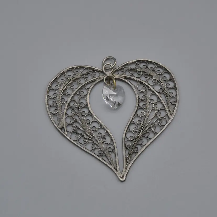 Vintage Large Heart Shaped Pendant Intricate Fine Filigree Silver Tone Clear Crystal Dangle Handcrafted 2"