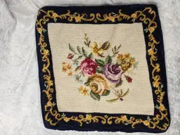 Vintage Needlepoint Navy Blue Gold  Beige Rose Bouquet Pillow Removable Zipper Cover Velvet Back 13"X 13" Cottagecore Home Decor