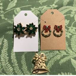 Lot Three  Vintage  Holiday / Christmas Brooch And Pierce Earrings. Goldtone Bell Brooch, Red & Green & White Glass Rhinestone  Wreath  Pierced Earrings, Goldtone Gorgeous Green And Clear Glass Prong Set Rhinestone   Floral Pierced Earrings.