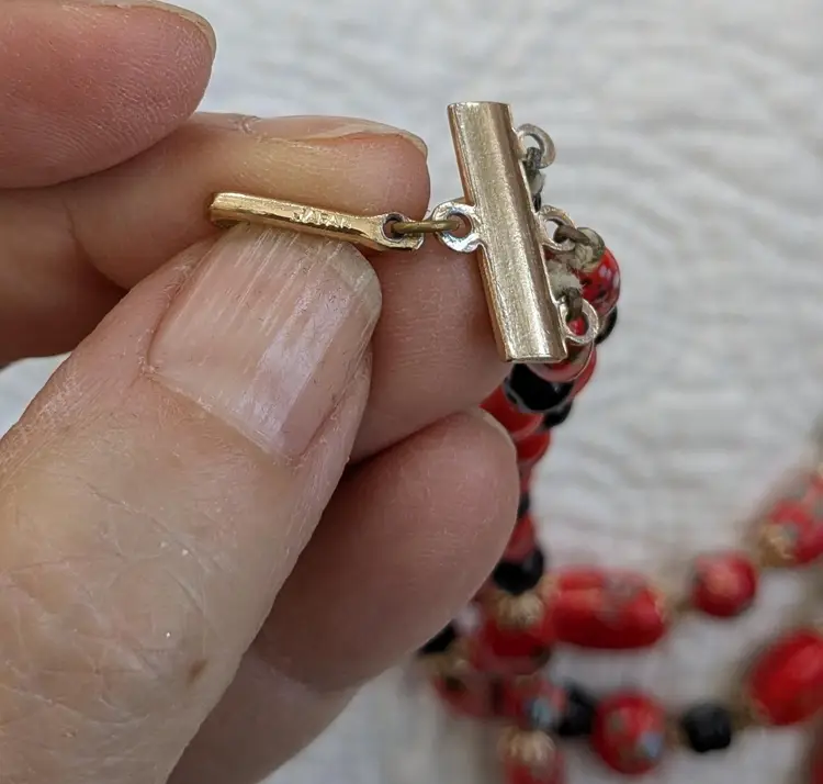 Midcentury Triple Strand Art Glass Bead Necklace in Red and Black, Japan