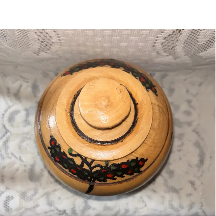 Vintage Handcrafted Wooden Pedestal  Jar w Lid Hand Painted