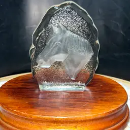 Vintage Irregular-Shaped Crystal Clear And Frosted Horse Head Paperweight