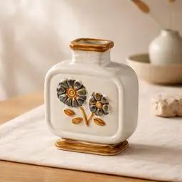 Beige Stoneware Vase w/ Flower Design, 4"