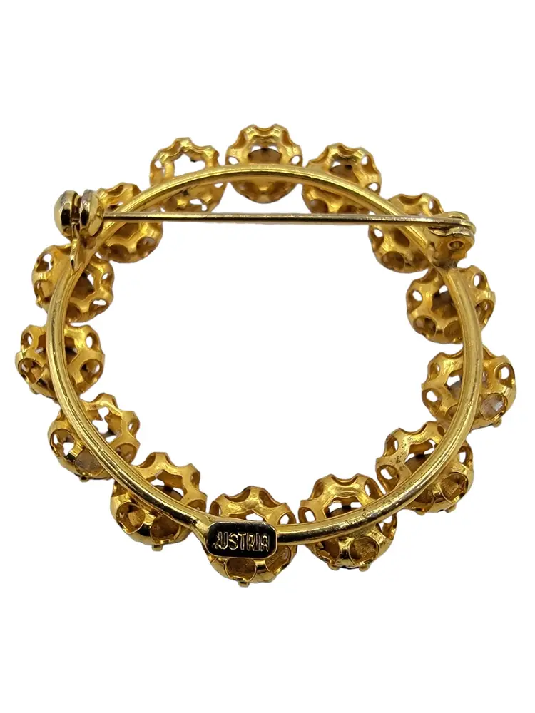 Austria Gold Tone Blue Rhinestone Open Round Filigree Brooch Pin