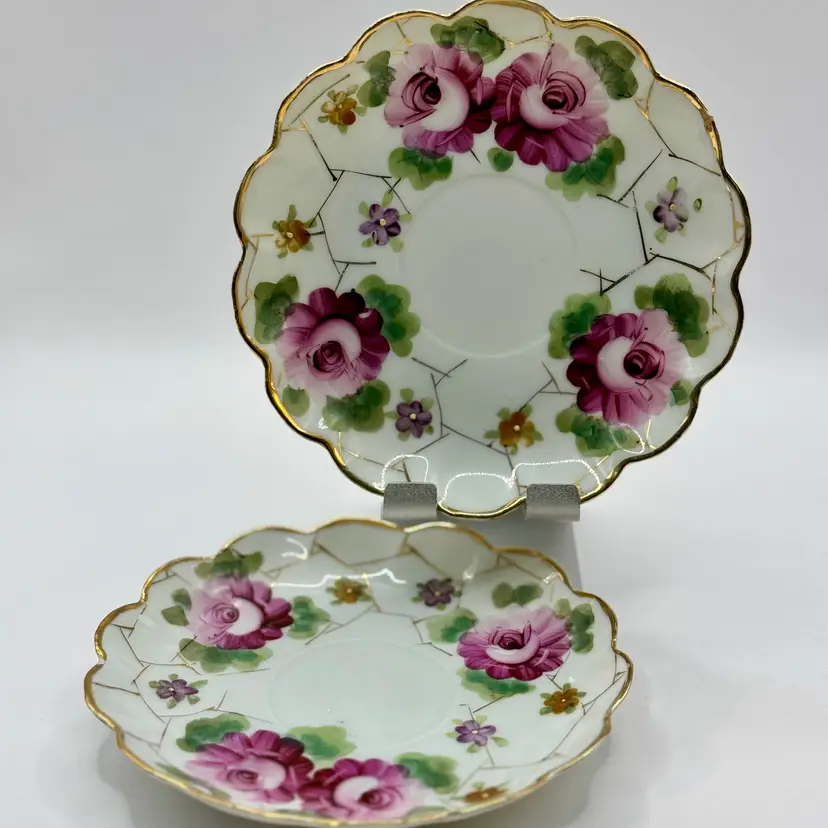 Vintage Porcelain Tiered Trinket Dishes Saucers, Set Of 2, Hand-Painted Floral Motif With Gold Trim, Elegant Tableware, Unbranded