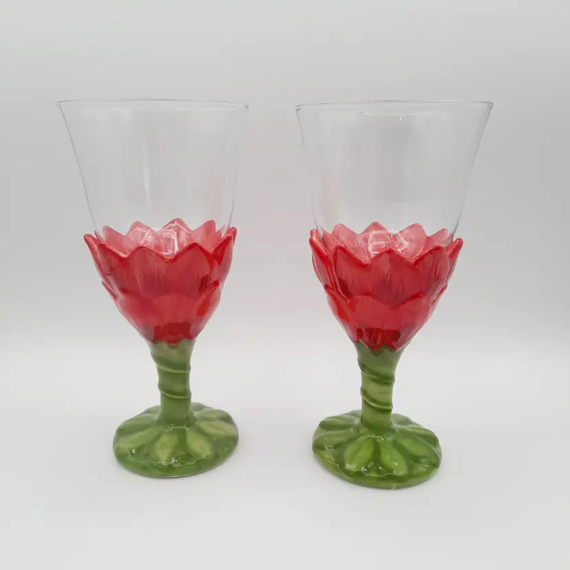 222 Fifth Red Green Dahlia Wine Glasses Goblets Set of 2