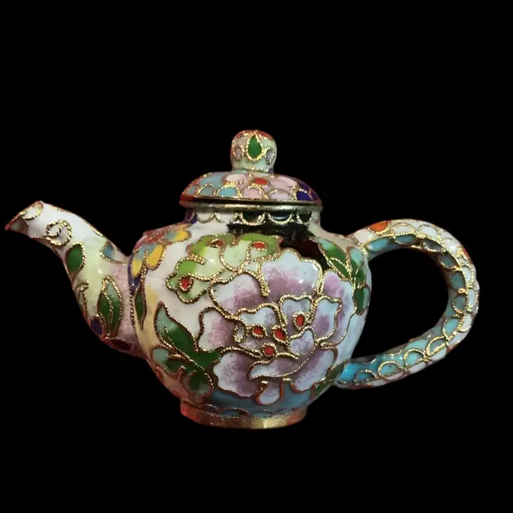 Gorgeous Vintage Mini Cloisonné Tea Pot. With  Beautiful Floral Flower Designs. Gold Trimming. Absolutely Gorgeous!!! Great Piece For Collectors.
