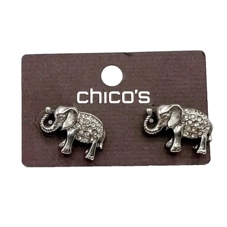 Chico's Silver Tone Rhinestone Elephant Studded Post Earrings Pierced Pair 3/4"