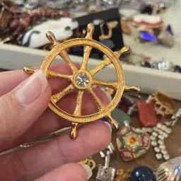 Nautical Ship Wheel With Rhinestone Gold Tone Pendent And Brooch