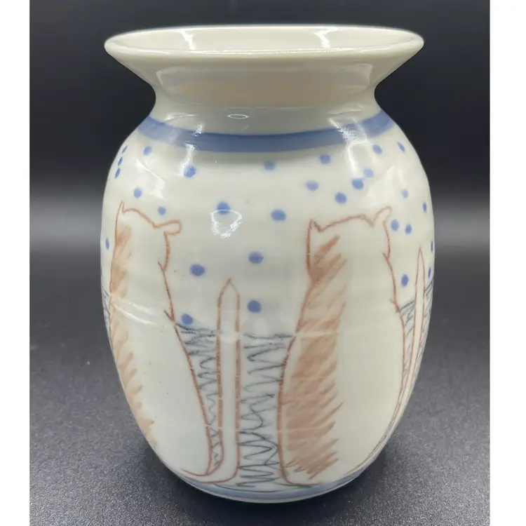 Vintage, Artist Signed Pottery Vase With Cats