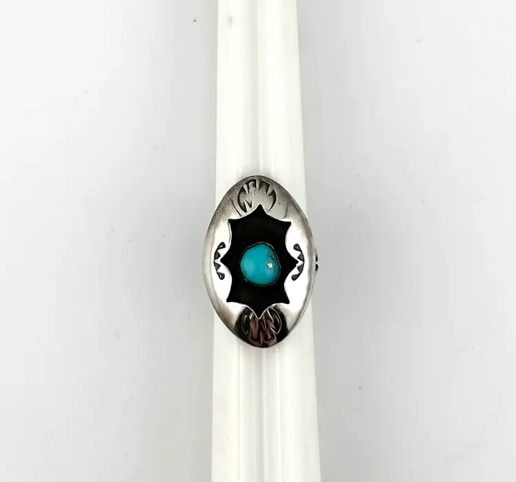 Vintage Native American Shadow Box Sterling Silver Turquoise Ring 6.25”