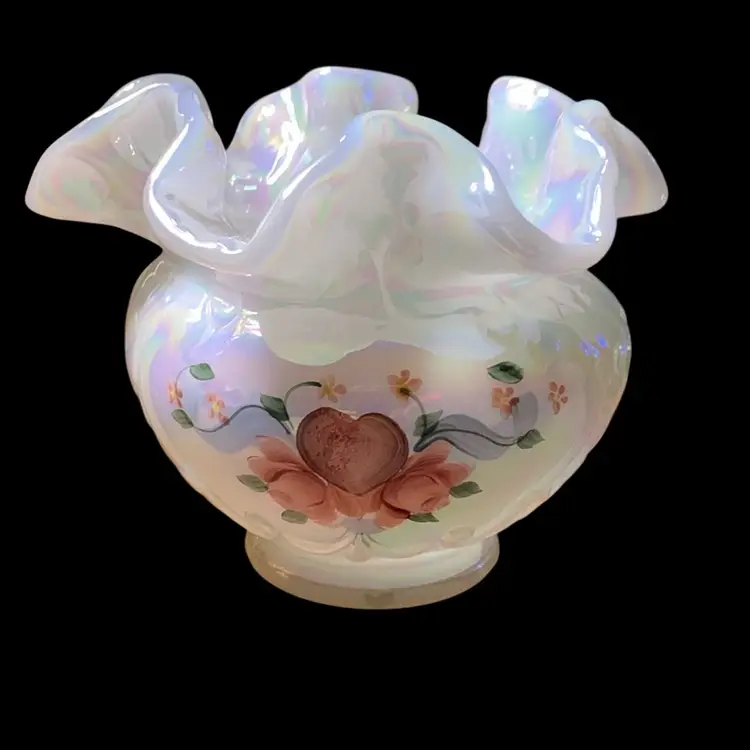 10. Fenton Glass White Opalescent Rose Bowl Vase -Hand Painted Heart, Roses & Ribbon