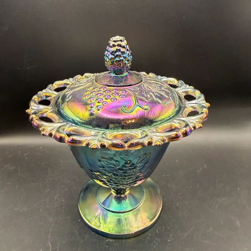 Vintage Indiana Carnival Glass Princess Blue "Harvest Grape" Lidded Candy Dish