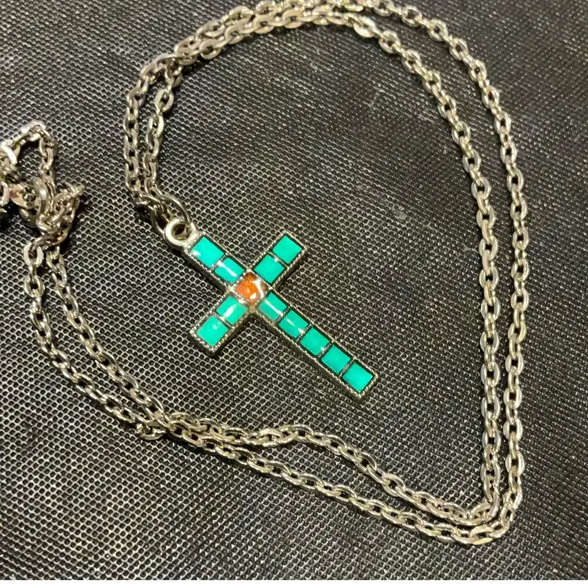 Silver Tone Necklace With Enamel Cross In Blue And Red