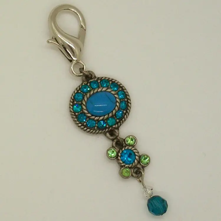 Imitation Turquoise Rhinestones Zipper Pull Purse Charm Keychain Repurposed Broken Jewelry