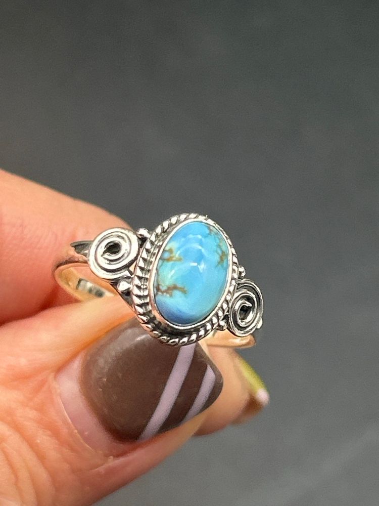 Artisan-Made Sterling Silver 925 Blue Turquoise Ring Size 7 – Swirl Design & Rope Bezel