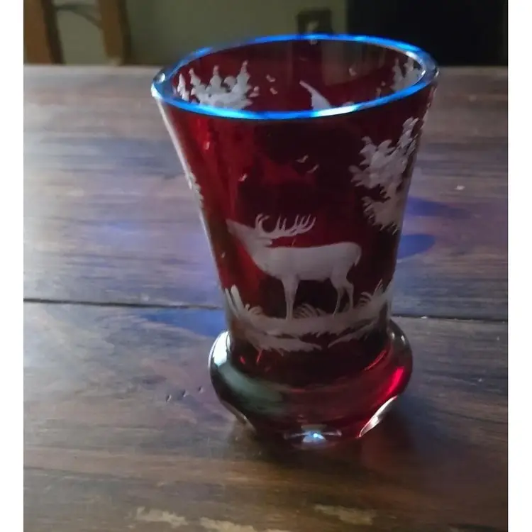 Etched Ruby Glass Woodlands Scene