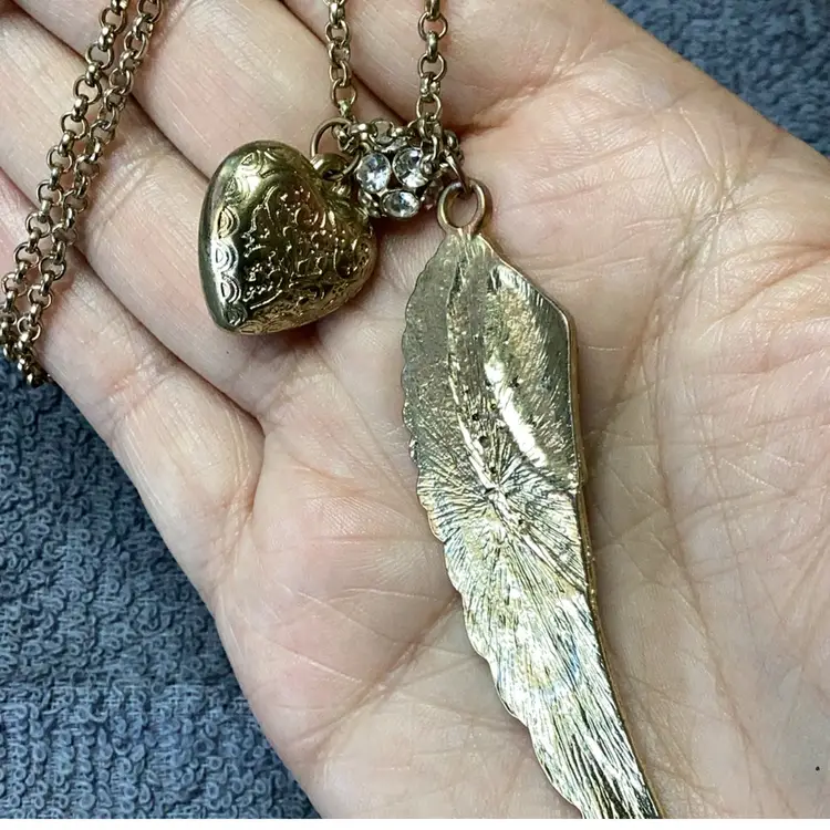 Gold Tone Necklace With Heart Angel Wing Disco Ball Charms 30”
