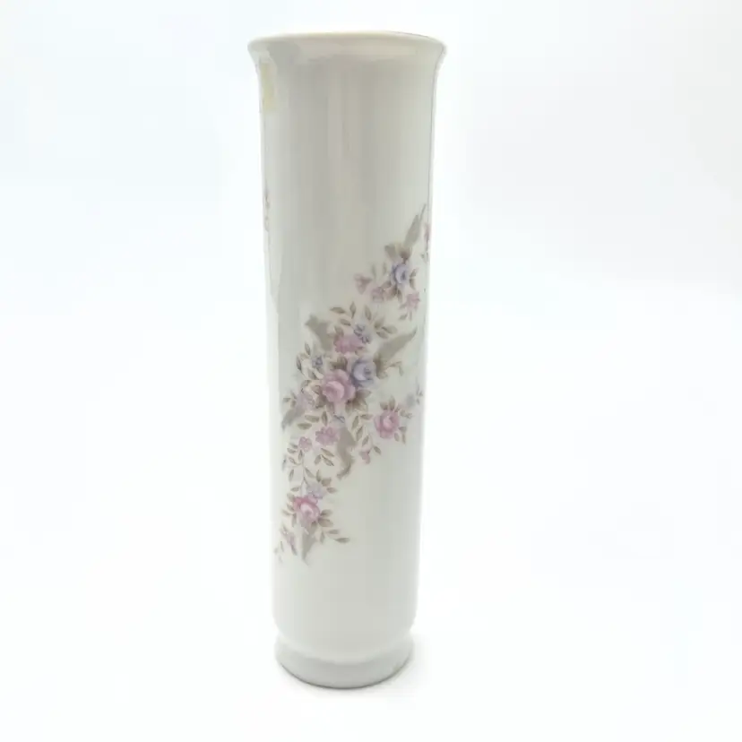 Lefton Cylinder Bud Vase Floral Design Gold Accent 7x2”