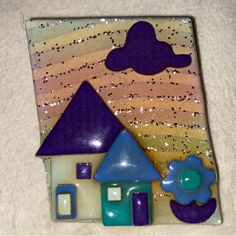 LUCINDA House Pin - Glitter Pastel Rainbow Background With 2 Houses And A Flower In A Flower Pot ~ All In Shades Of Purple, Blue & Green ~ Even Has A Purple Cloud