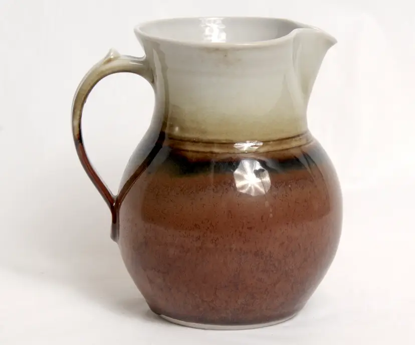 Art Pottery Handcrafted Stoneware Pitcher Brown Cream Tan Artist Signed