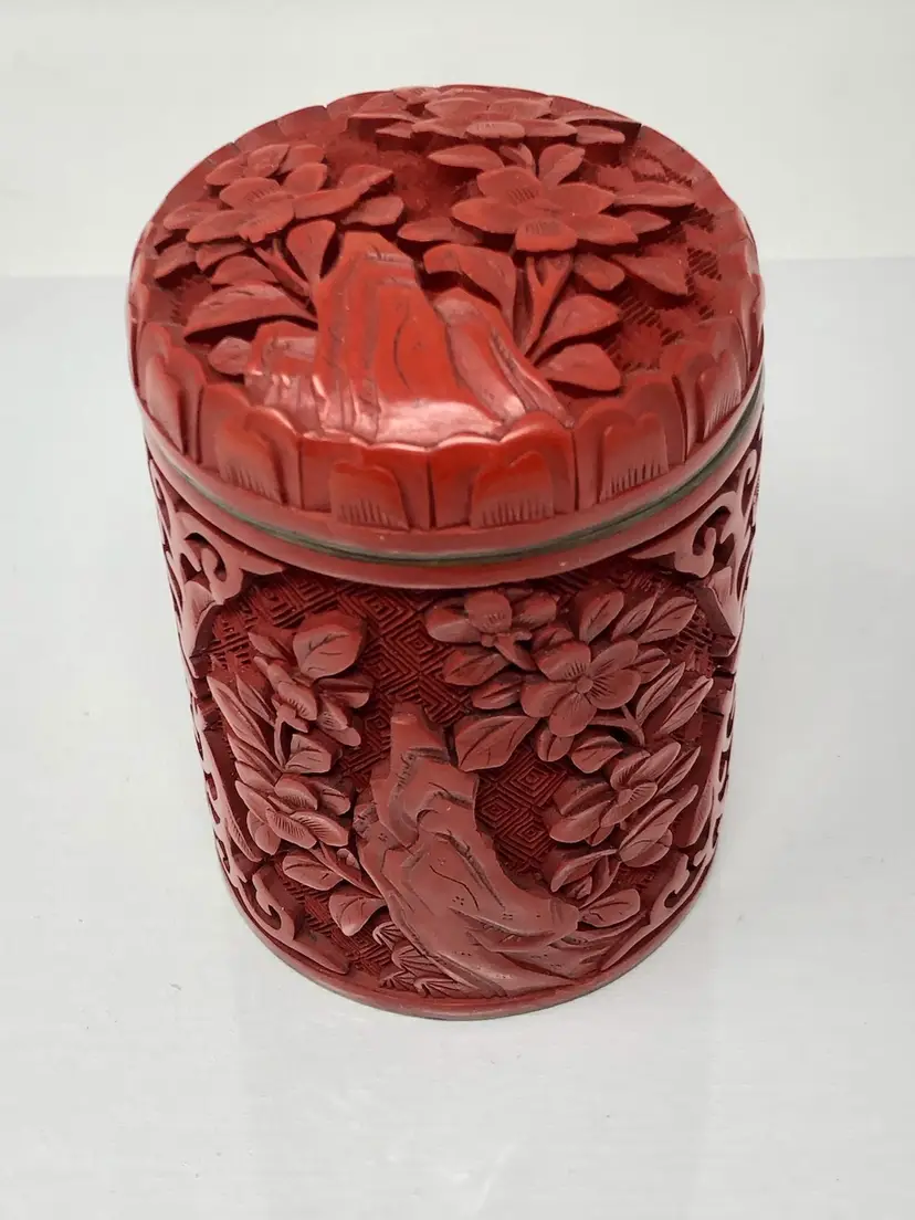 Cinnabar Cylinder Red Lacquer on Metal Trinket Box