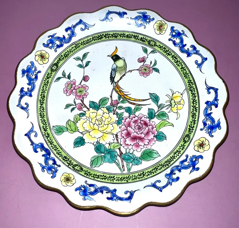 Vintage White  Canton Enamel Chinese 8” Plate Bird Dragons Chrysanthemum