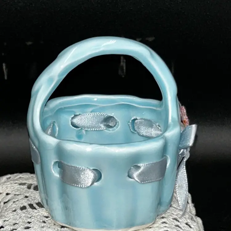 Vintage Blue Ceramic Trinket Basket with Blue Ribbon And Flower Appliqué