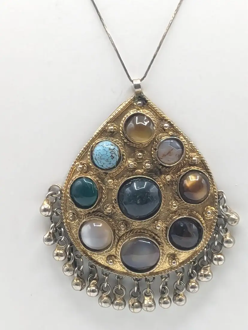 Boho Agate Stones Teardrop with Bell Fringe Pendant and Silver Tone Chain