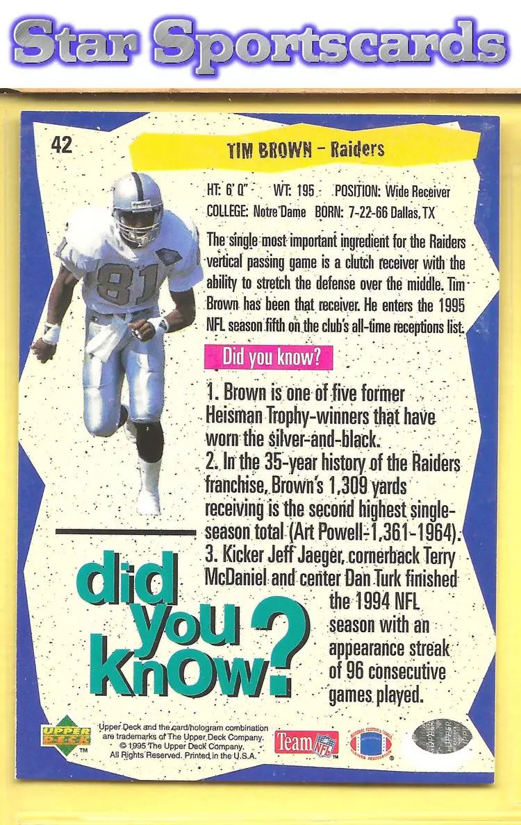 1995 Collector's Choice #42 Tim Brown Player's Club Oakland Raiders