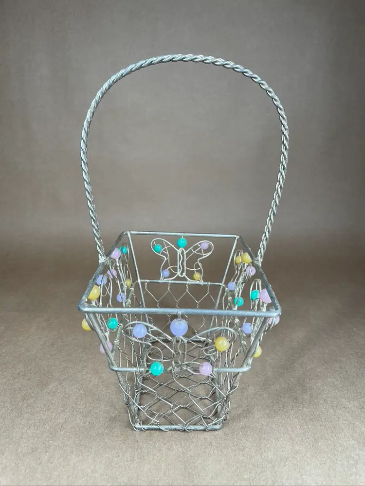 EASTER Spring Basket Galvanized Metal Wire with Handle with Pastel Beaded Butterflies