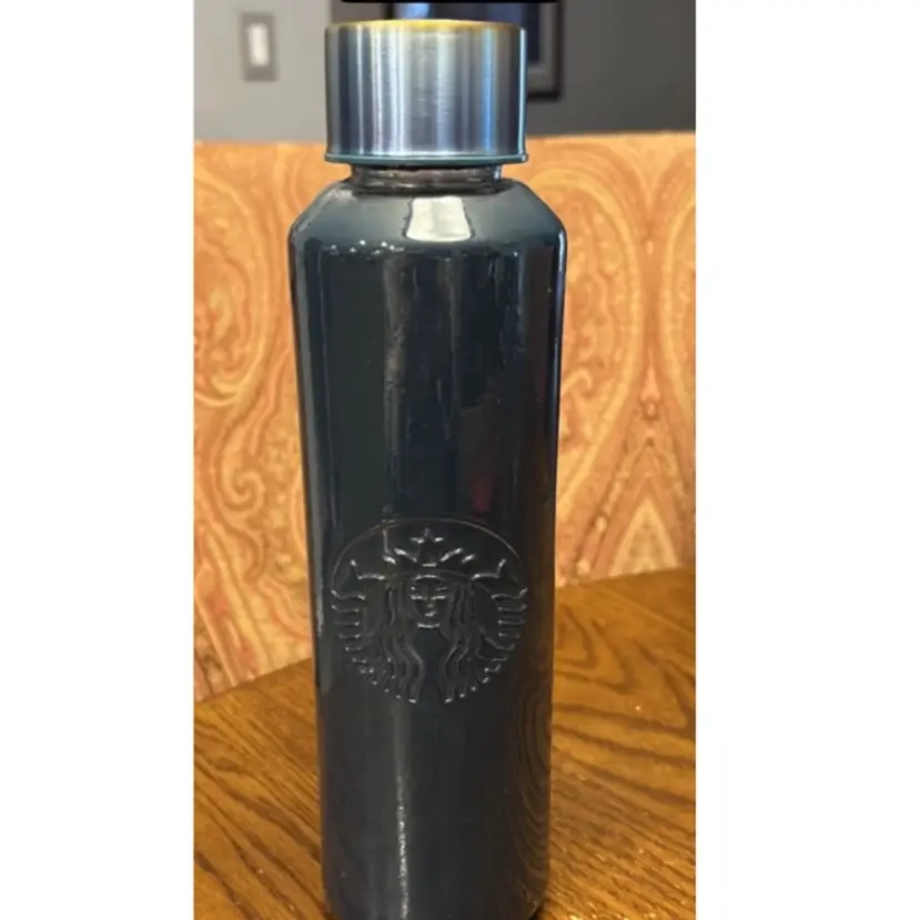 Starbucks Dark Blue Green Heavy Glass Water Bottle 22 Oz Cold Beverage Screw Top