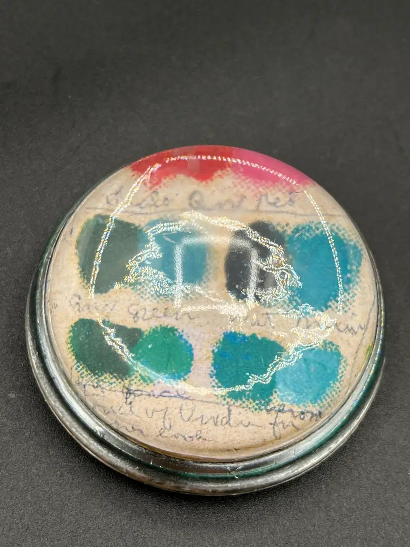 Handwritten Multicolor Squares Domed Art Glass & Felted Paperweight 3” ✍️