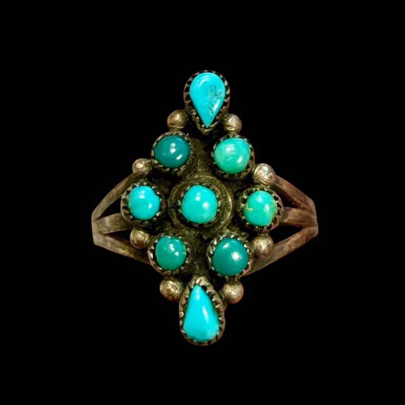 Vintage 1940’s Sterling Silver Zuni Native American Snake Eye Petit Point Triple Split Shank Turquoise Cluster Ring Size 6