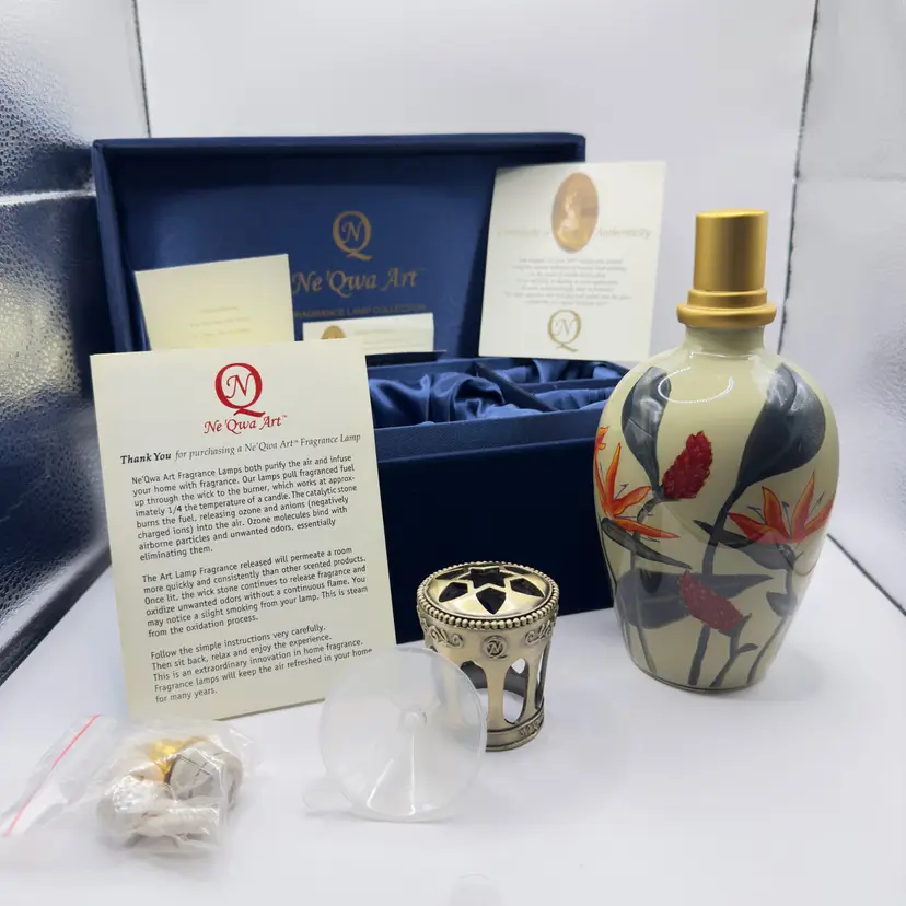 Ne' Qua Art Catalytic Fragrance Oil Lamp with Floral Design, Complete Set with Certificate, Reversed Hand-painted, Signed Artist Paul Brent, Made in China, Box Included
