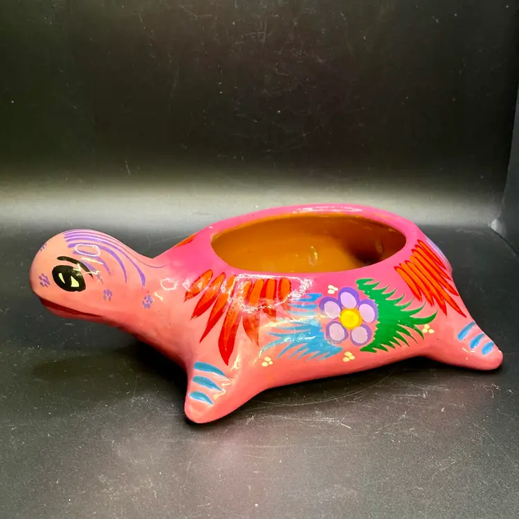 Pink Pottery Painted Talavera Style Turtle Planter 3”x7.5”