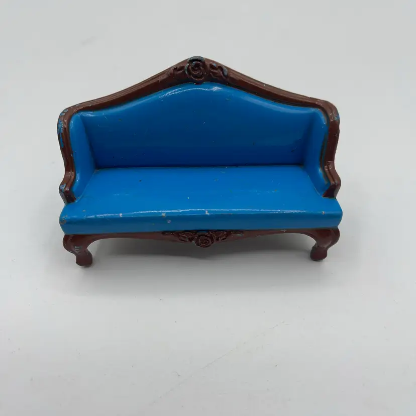 Vintage 1980 Mattel The Littles Dollhouse Living Room Blue Sofa Die-Cast Metal