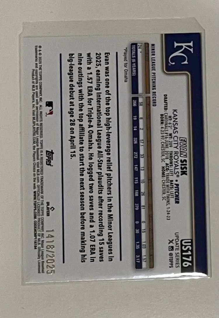 Evan Sisk RC Topps Gold /2025 Kansas City Royals